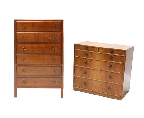 A Danish walnut chest, with six drawers and ring handles, labelled 'Traevare Magasinet' 69cm wide 41cm deep 115cm high, and a