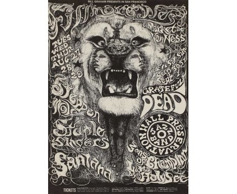 A rare Grateful Dead, Santana Lion handbill/postcard 1969, an American lithograph Type A blank back handbill/postcard for 'Bi