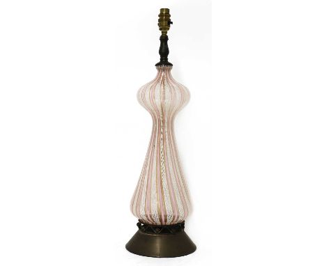 A Murano glass aventurine and latticino table lamp, of waisted form, with pink vertical bands, on a raised metal plinth, 61cm