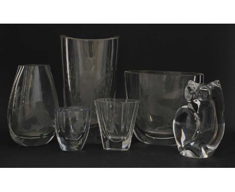 Two Whitefriars clear glass vases, dated 1959, both etched with either a horse or a lady holding flowers, signed 'E.J.Webster