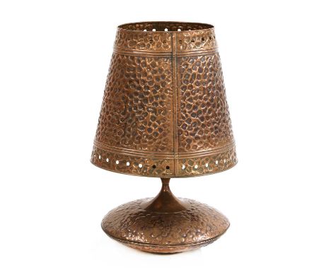 A large copper table lamp and shade, 1960s, 77cm high approximately