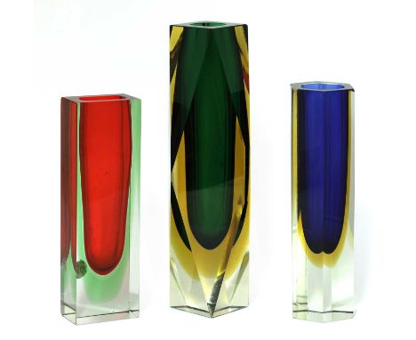 Three Italian Murano Sommerso glass vases, 1960s/70s, in various faceted designs, unsigned, largest 27cm high (3)