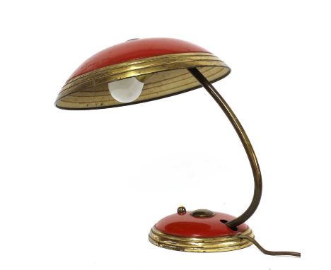 An Helo red enamel brass deck lamp , 35cm high