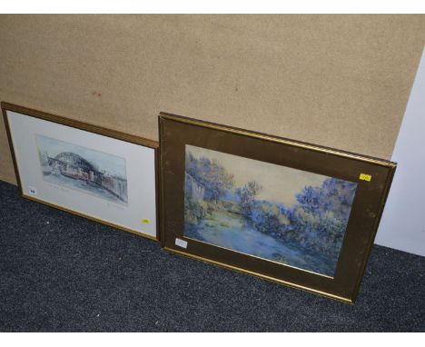A limited edition colour print - "The Tyne Bridge", signed proof after Jim Doran '72; and a watercolour - River landscape.  (