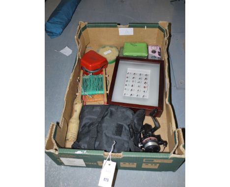 A box containing fly reel; spinning reel; two fly boxes; a framed picture of flies; cast carriers; camera; hand lines; binocu