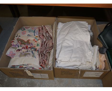 A quantity of modern curtains; miscellaneous table linen; and sundry soft goods, in two boxes.