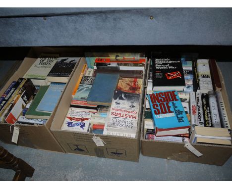 A large quantity of paper and hardback books, First and Second World War subjects, in three boxes.