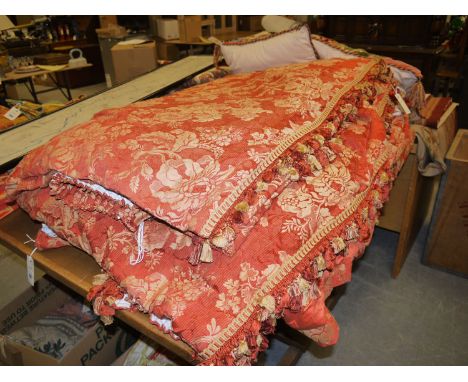 Two pairs of large lined and padded terracotta patterned curtains, approximately 7ft. 6in. x 5ft. wide.