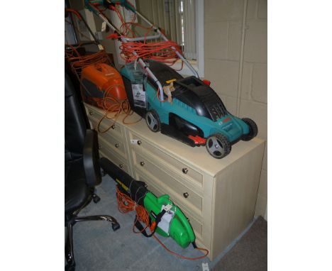 A Bosch electric rotary lawn mower with grass box; together with a Powerbase electric leaf blower.