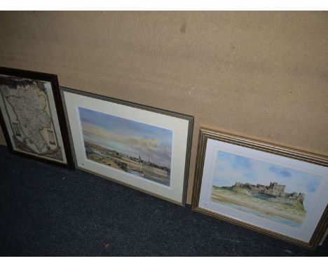 A colour print - "Berwick", after Fred Stott; a colour print - "Bamburgh Castle", after J. Harker; and a map of Northumberlan