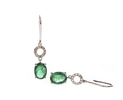 PAIR OF EMERALD AND DIAMOND EARRINGS, each set with an oval emerald suspended from a diamond set circle, the diamonds totalli