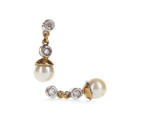 PAIR OF PEARL AND DIAMOND EARRINGS, each formed by a single spherical white pearl 7mm diameter suspended from a section of ch