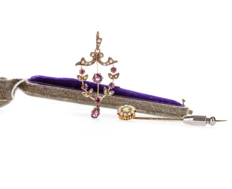 GEM SET BROOCH PENDANT, set with purple gems and split seed pearls, 43mm high including bale, marked 9ct, 1.7g, along with a 