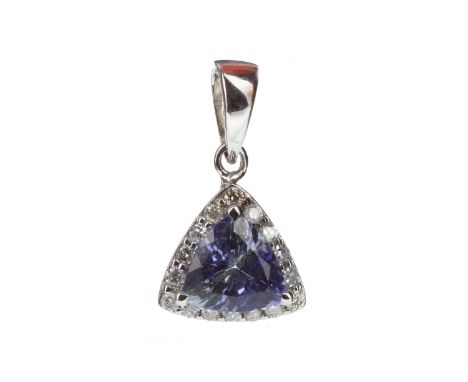 TANZANITE AND DIAMOND PENDANT, the trilliant cut tanzanite within a round brilliant cut diamond halo, marked 14k, 1.2g, with 