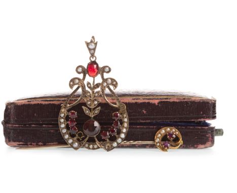 GEM SET BROOCH PENDANT, openwork, set with red gems and seed pearls, 37mm high including bale, marked 9CT, 3.1g, along with a