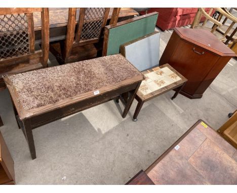 A DUET PIANO STOOL, TWO FOLDING CARD TABLES, TILE TOP COFFEE TABLE AND SMALL CORNER UNIT 