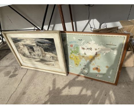 A FRAMED PRINT AND A FRAMED WORLD MAP 