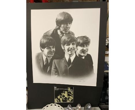 A LARGE MOUNTED PRINT OF THE BEATLES 83CM X 69CM 