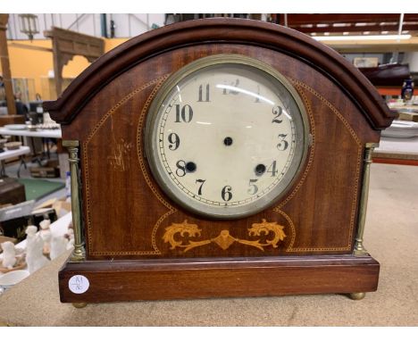 A MAHOGANY INLAID MANTLE CLOCK FOR RESTORATION 