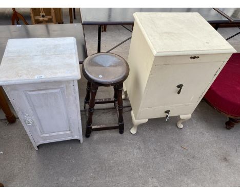A PAINTED POT CUPBOARD AND STOOL AND CHEST 