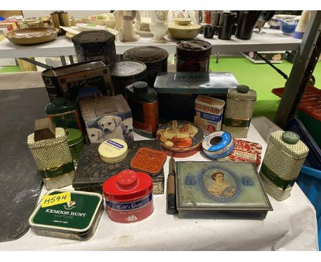 A COLLECTION OF VINTAGE TINS TO INCLUDE A FIRST AID CASE COMPLETE WITH FIRST AID ITEMS, ETC 