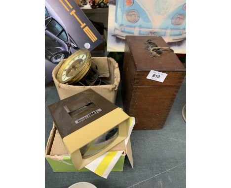 A BRASS CLOCK FACE WITH WORKINGS IN NEED OF REPAIR PLUS A MAHOGANY BOX 