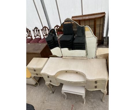 A CREAM PAINTED DRESSING TABLE, STOOL AND BEDSIDE CHEST 