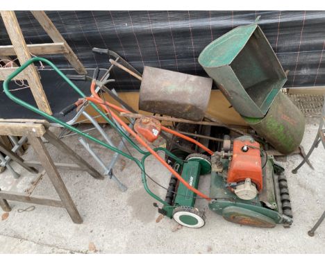 VARIOUS VINTAGE GARDEN TOOLS TO INCLUDE A QUALCAST MOWER, A SUFFOLK PUNCH MOWER AND PICK AXE ETC 