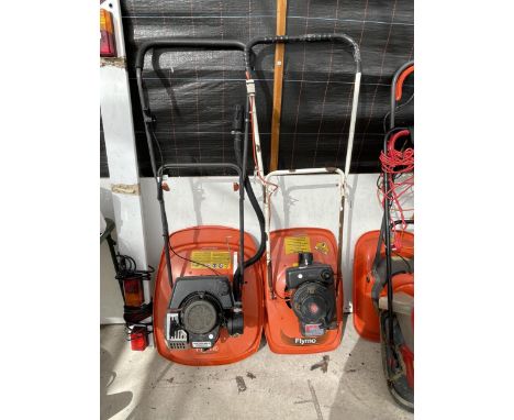 TWO PETROL ENGINE FLYMO LAWN MOWERS 