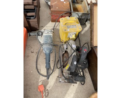 AN ASSORTMENT OF POWER TOOLS TO INCLUDE A BOSCH ANGLE GRINDER, A 110V TRANSFORMER AND A PARKSIDE CIRCULAR SAW 