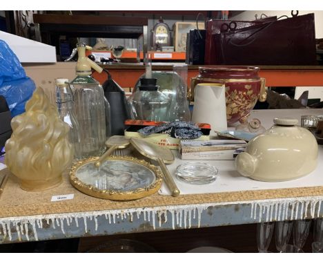 A COLLECTION OF ITEMS TO INCLUDE VINTAGE SODA SYPHON, PLANTER, HARMONICA, STONE HOT WATER BOTTLE, JUG, HAND BRUSH AND MIRROR,