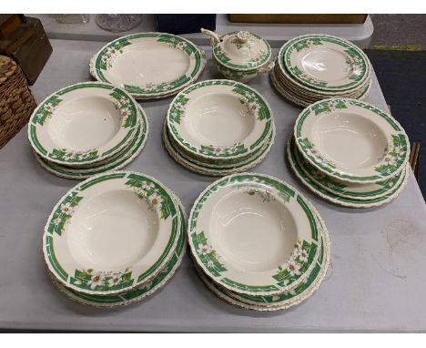 A QUANTITY OF GRINDLEY GREEN AND FLORAL PATTERNED PLATES, BOWLS AND A SERVING TUREEN 