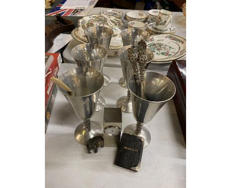 A VINTAGE WHERE IS IT BOOK WITH HALLMARKED SILVER CORNERS, SIX SILVER PLATE WINE GOBLETS, A JOSEPH HELER CHEESE CLOCK, ETC 