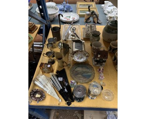 A COLLECTION OF ITEMS TO INCLUDE FANS, SMALL TROPHIES, CLOCK, CHEESE DISH, SMALL FIGURES, ETC 