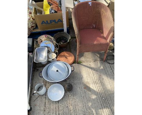 AN ASSORTMENT OF ITEMS TO INCLUDE A LLYOD LOOM STYLE CHAIR, AN ENAMEL JUG AND BOWL AND A SET OF KITCHEN SCALES ETC 