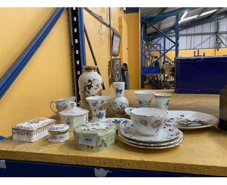 A QUANTITY OF CHINA TO INCLUDE CUPS, SAUCERS, VASES, TRINKET BOXES, ETC 