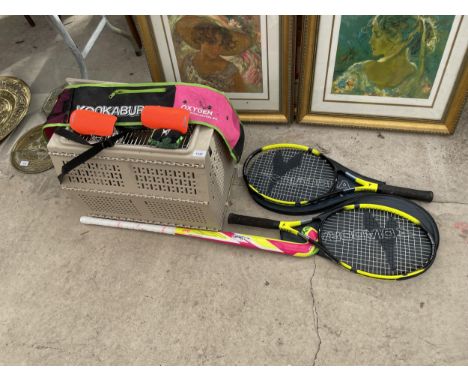 A PET CAGE, TWO TENNIS RACKETS, A HOCKEY STICK WITH ACCESSORIES AND A PICTURE SHELF 