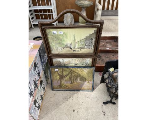 A DECORATIVE FIRE SCREEN/FOLDING SHELF AND A FRAMED PRINT 