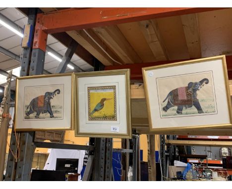 TWO FRAMED IMAGES OF ELEPHANTS ON FABRIC AND A FRAMED PRINT OF A BIRD 