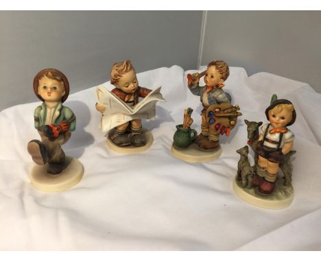 FOUR WEST GERMAN HUMMEL FIGURINES - LITTLE GOAT HERDER, HAPPY TRAVELLER, BOY READING NEWSPAPER AND THE ARTIST 