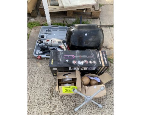 AN ASSORTMENT OF ITEMS TO INCLUDE A DRILL, A STEAM MOP AND A MOTORBIKE BOX ETC 