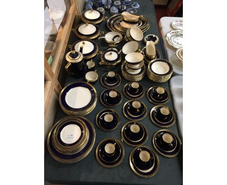 A DINNER SERVICE IN BLUE AND WHITE MONOGRAMMED WITH THE LETTER 'D' COMPRISING OF, TUREENS, PLATES, BOWLS, CUPS, SAUCERS, COFF