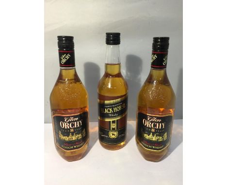A 70CL BOTTLE OF BLACK HORSE FINEST BLENED WHISKY AND TWO 70CL BOTTLES OF GLEN ORCHY 8 YEAR AGED PURE MALT SCOTCH WHISKY 40% 