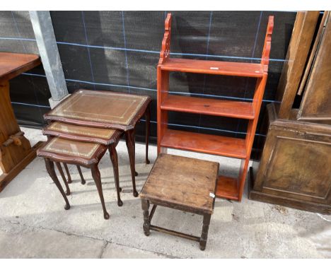 A PINE WALL SHELF, SMALL STOOL AND A NEST OF THREE TABLES 