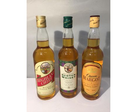 THREE 70CL BOTTLES OF WHISKY TO INCLUDE HIGHLAND CHIEF BLENDED SCOTCH WHISKY, QUEEN MARGOT 3 YEAR AGED FINE SCOTCH WHISKY AND