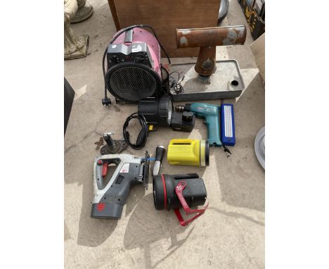 A LARGE ASSORTMENT OF TOOLS TO INCLUDE A HONEYWELL HEATER, A DRILL AND A BATTERY POWERED JIGSAW ETC 