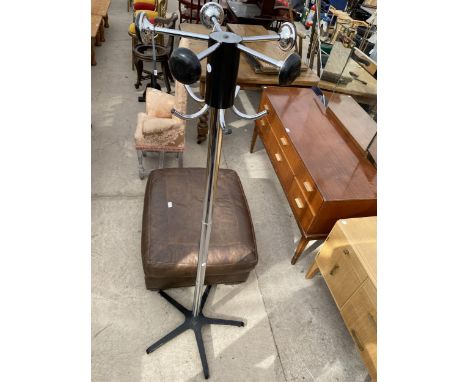 A LEATHER POUFFE, 33X26" AND CHROME COAT STAND 