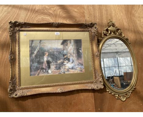 A VINTAGE GILT FRAMED PRINT DEPICTING CHILDREN WITH CATS 