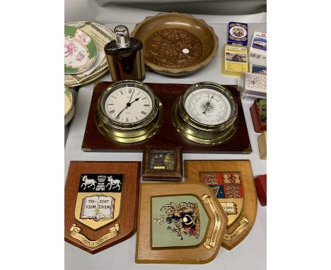 A QUANTITY OF TREEN ITEMS TO INCLUDE A METAMAC BRASS CLOCK AND BAROMETER, SHIELDS, HIP FLASK, BOWL 