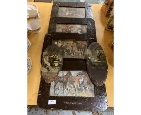 FOUR WOODEN FRAMED HUNTING PRINTS, 'FOLLOWING UP', 'THE MEET', 'THE FINISH', 'THE FIND' PLUS TWO PAINTINGS ON WOOD 